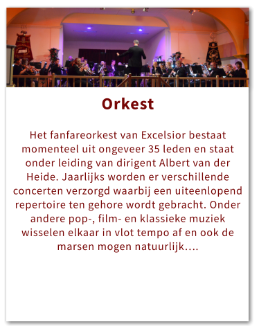 Orkest Orkest  Het fanfareorkest van Excelsior bestaat momenteel uit ongeveer 35 leden en staat onder leiding van dirigent Albert van der Heide. Jaarlijks worden er verschillende concerten verzorgd waarbij een uiteenlopend repertoire ten gehore wordt gebracht. Onder andere pop-, film- en klassieke muziek wisselen elkaar in vlot tempo af en ook de marsen mogen natuurlijk….